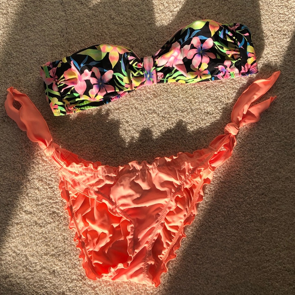 strapless bandeau floral bikini set
